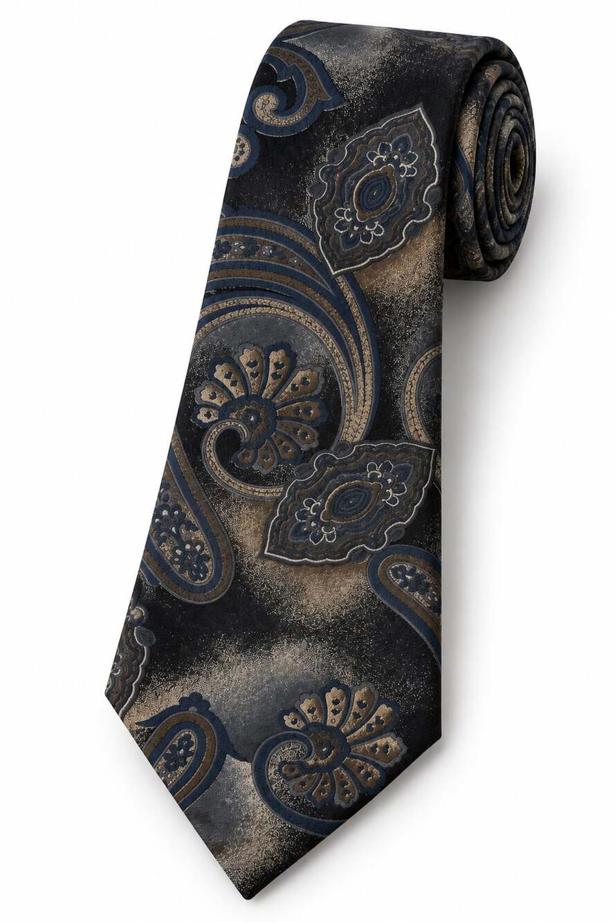 Louis Feraud Silk Tie Paisley Print Black Gold Blue